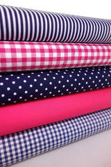 5 x Polycotton Fat Quarter Fabric Bundle | Navy Cerise Gingham Spotty Stripes Plain