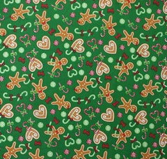 Gingerbread Red & Green Christmas Designs Fabric Polycotton : Half Meter
