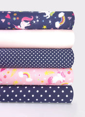 5 x Polycotton Fat Quarter Fabric Bundle | Unicorns Pink Navy Kids Rainbow Plain & Spotty