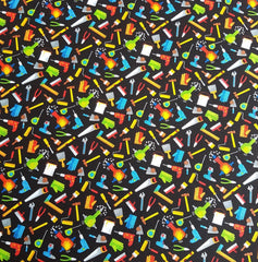 Mens Handyman Tools on Black Novelty Cotton Fabric - Vera Fabrics