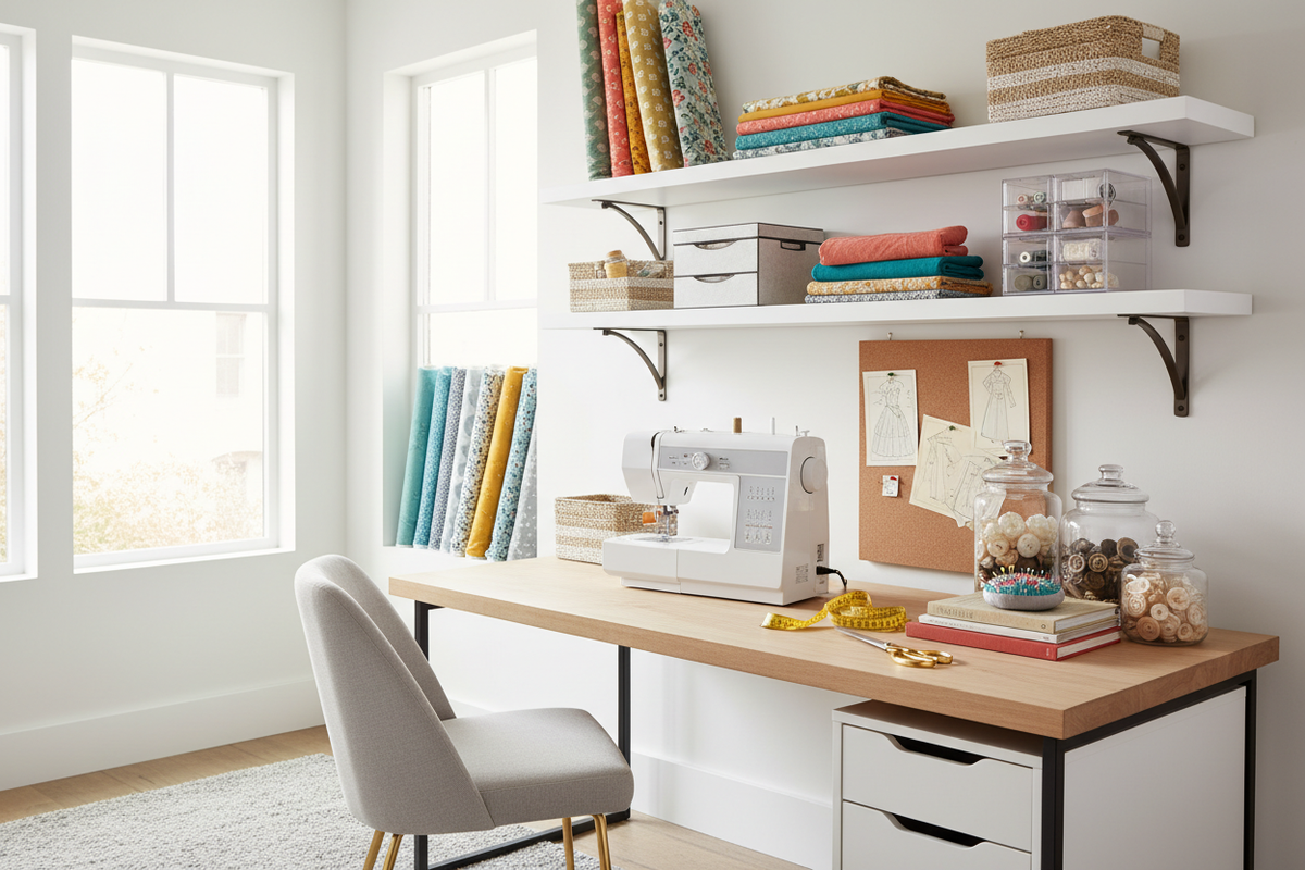 create a homely yet modern sewing room, with a sewing machine on the desk, some sewing accessories, with a few shelves of fabric including some fabric on bolts, some folded, some other sewing accessories like sewing patterns, buttons, measuring tape, scissors. make it look bright and suitable for a 30-45 year old women