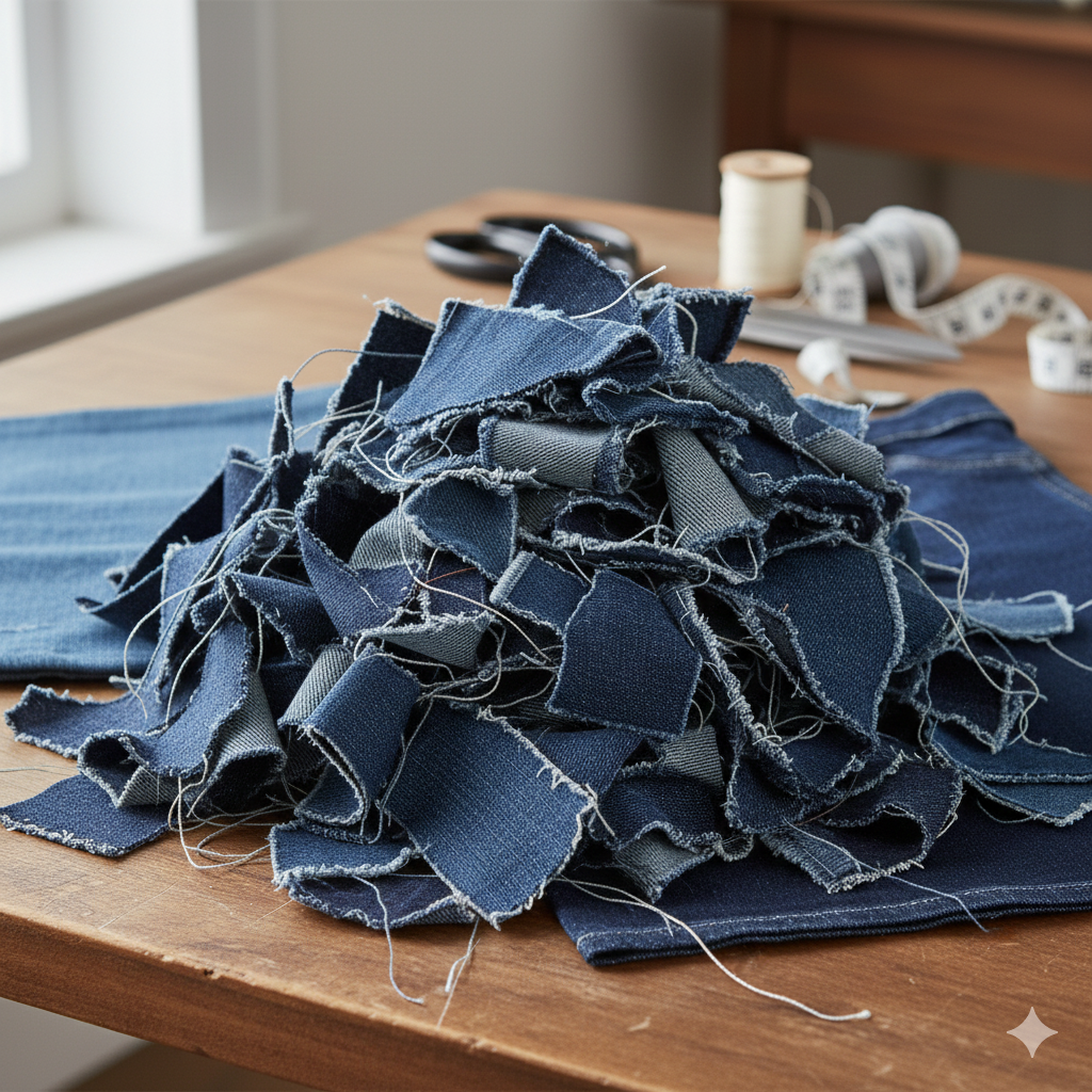 Assorted Scraps of 100% Cotton Washed Denim Fabric