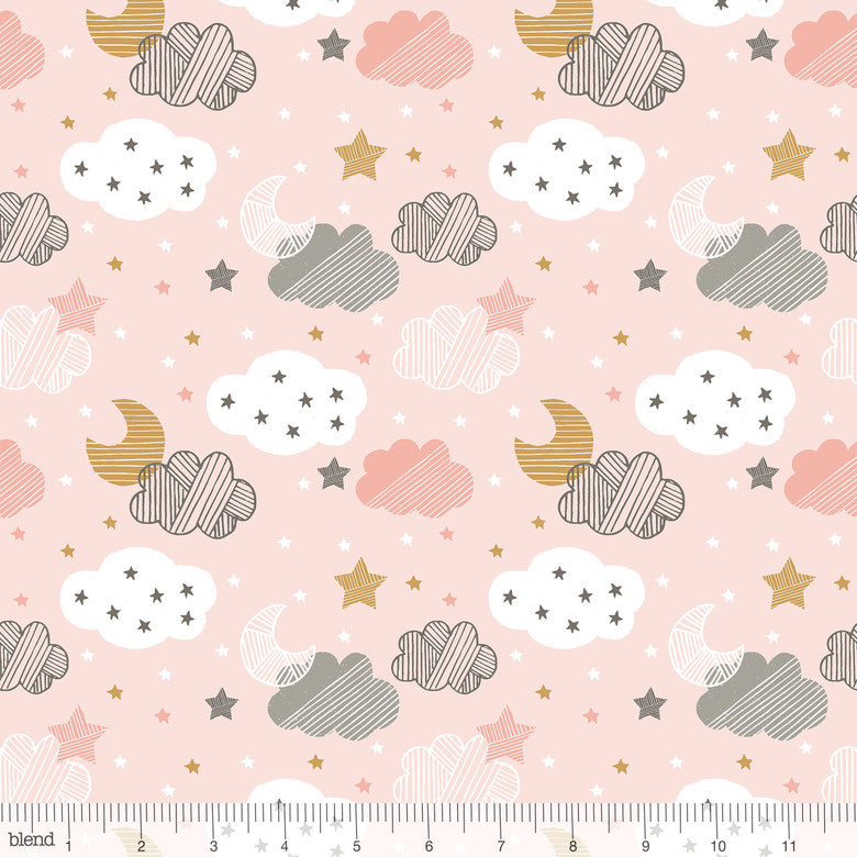 Starry Night Pink Sweet Dreams Moon, Stars & Clouds Cotton Fabric - Vera Fabrics