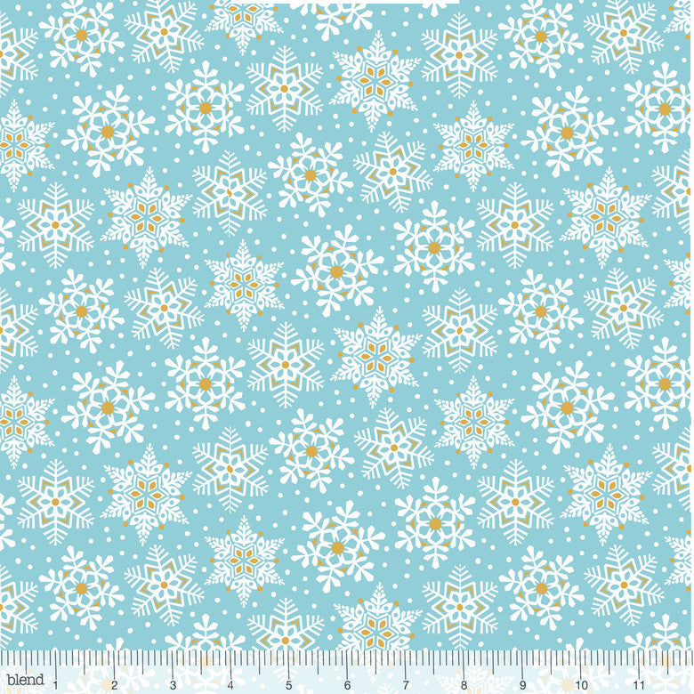 Land of Snow Snowflake Waltz Blue & Gold Christmas Cotton Fabric - Vera Fabrics