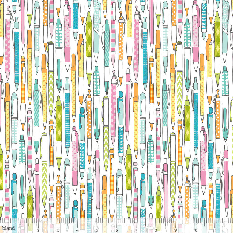 Colourful Handwritten White Pen & Paper Stationary Print Cotton Fabric - Vera Fabrics