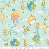 Hello World...Good Day Blue Fly Away Animals Balloons Cotton Fabric