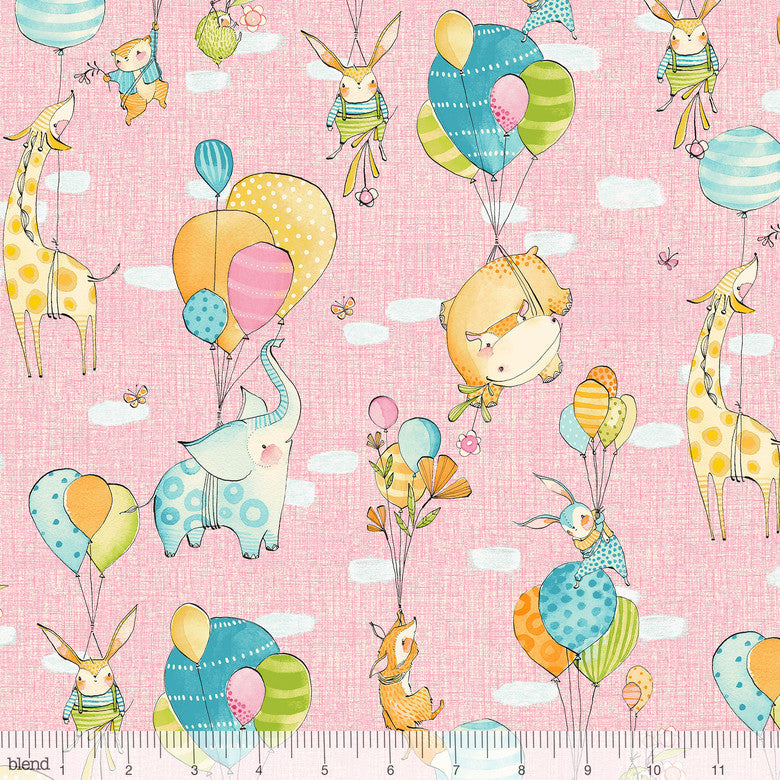 Hello World...Good Day Pink Fly Away Animals Balloons Cotton Fabric - Vera Fabrics