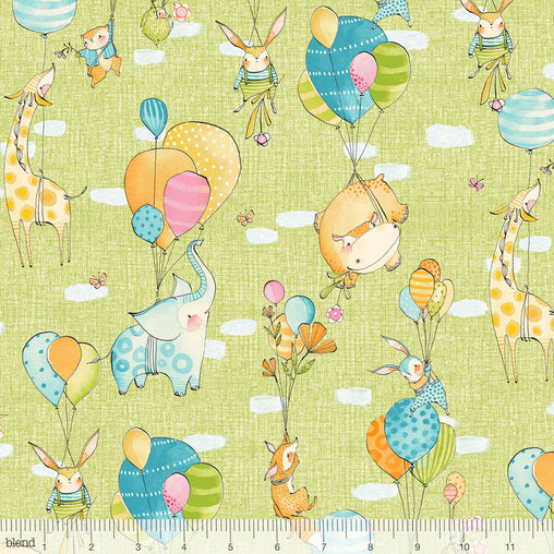 Hello World...Good Day Green Fly Away Animals Balloons Cotton Fabric - Vera Fabrics