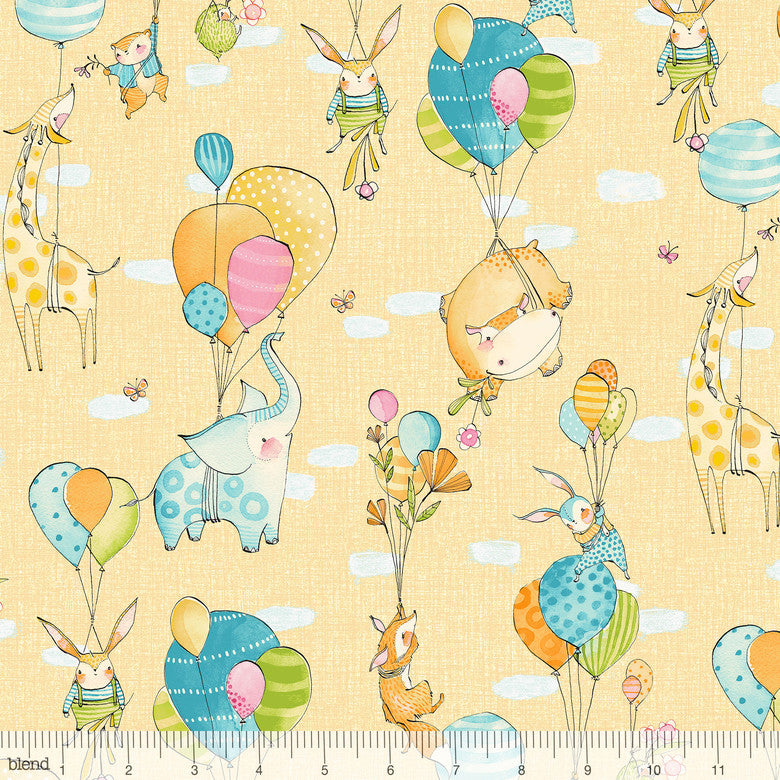 Hello World...Good Day Yellow Fly Away Animals Balloons Cotton Fabric - Vera Fabrics