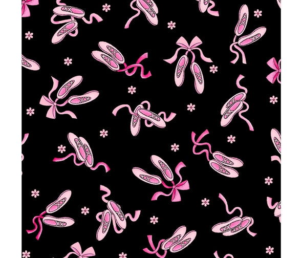 Pink Ballerina Ballet Shoes with Bows on Black Cotton Fabric - Vera Fabrics