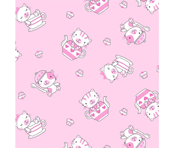 Pink Baby Kittens in Teapots & Cupcakes Cotton Fabric - Vera Fabrics