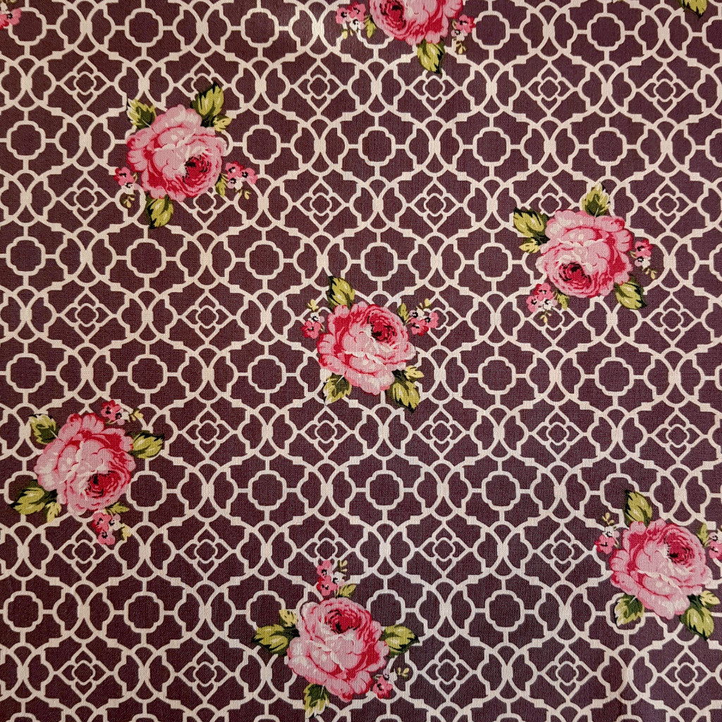 Dark Purple Lattice Roses Fenton House Cotton Fabric - Vera Fabrics