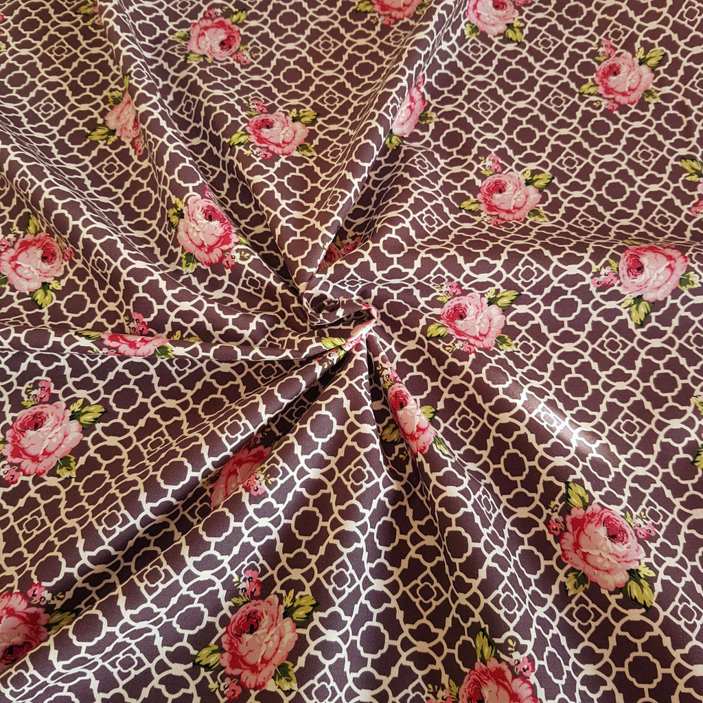 Dark Purple Lattice Roses Fenton House Cotton Fabric - Vera Fabrics
