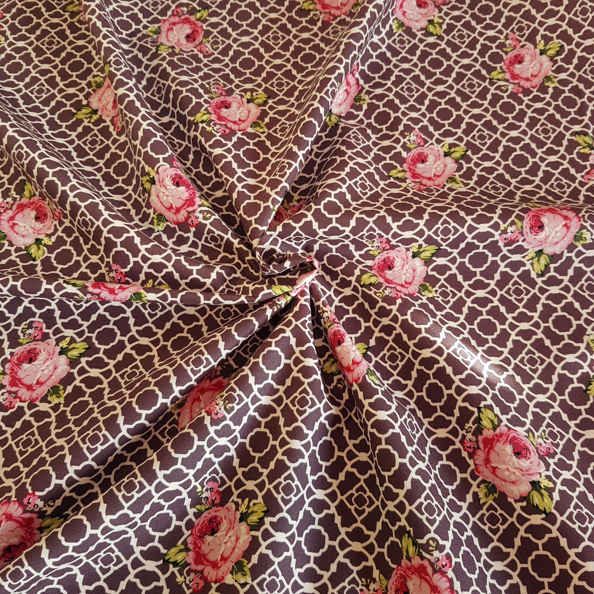 Dark Purple Lattice Roses Fenton House Cotton Fabric - Vera Fabrics