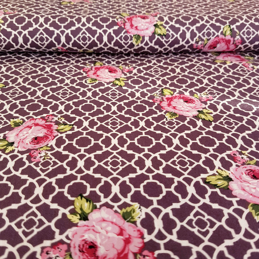 Dark Purple Lattice Roses Fenton House Cotton Fabric - Vera Fabrics