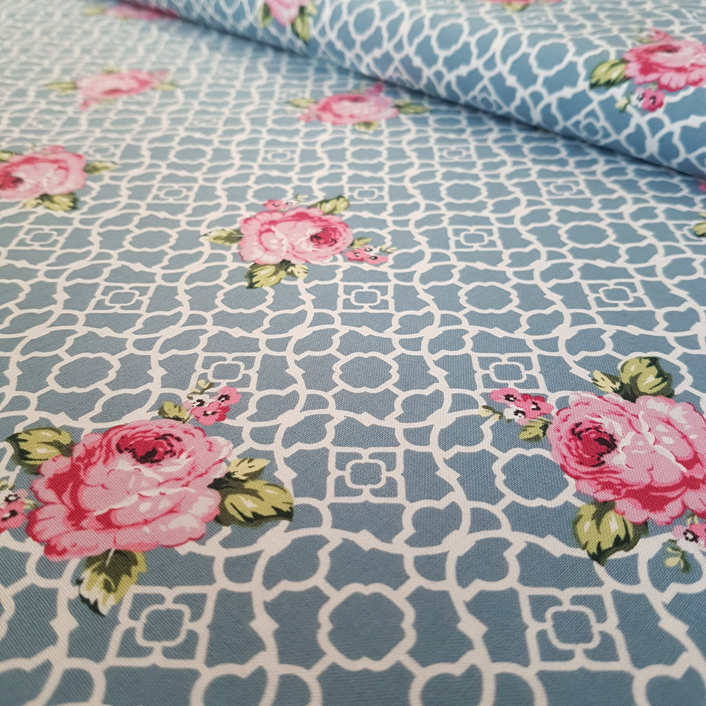 Teal Lattice Roses Fenton House Cotton Fabric - Vera Fabrics
