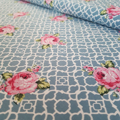 Teal Lattice Roses Fenton House Cotton Fabric - Vera Fabrics