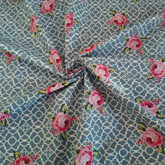 Teal Lattice Roses Fenton House Cotton Fabric - Vera Fabrics