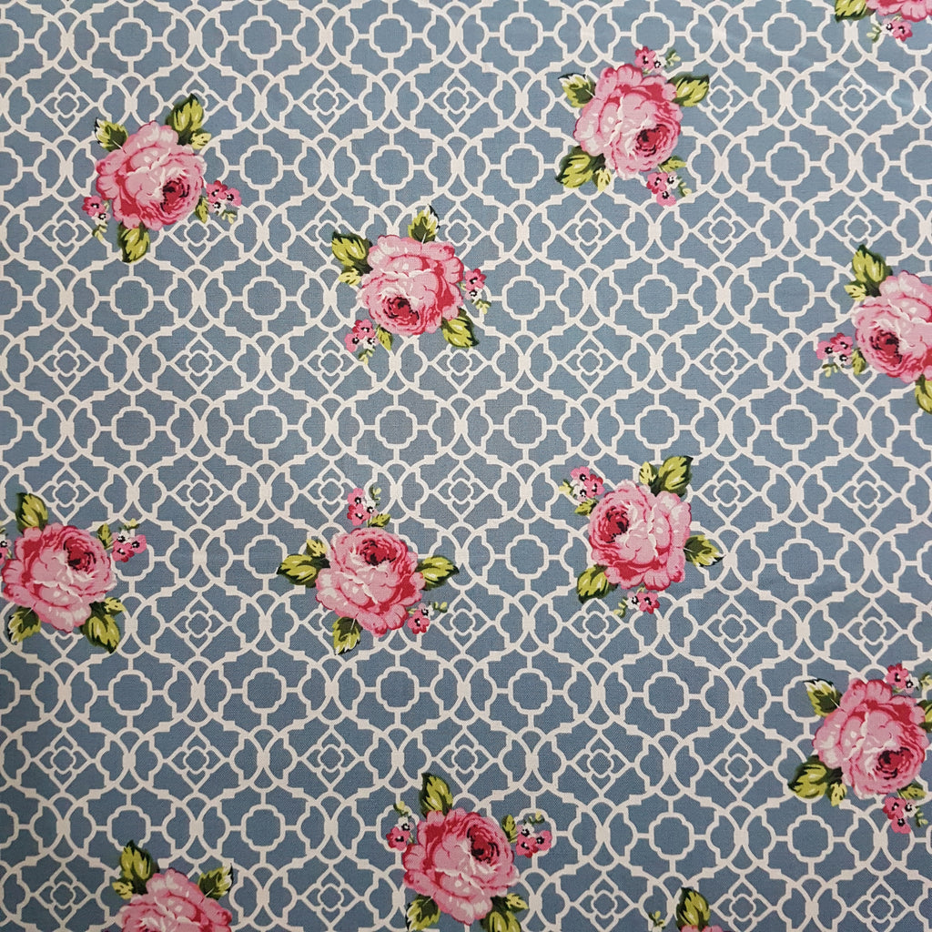 Teal Lattice Roses Fenton House Cotton Fabric - Vera Fabrics