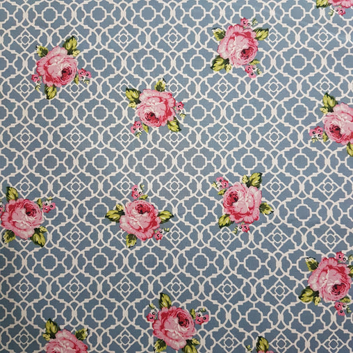 Teal Lattice Roses Fenton House Cotton Fabric - Vera Fabrics