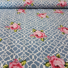 Teal Lattice Roses Fenton House Cotton Fabric - Vera Fabrics