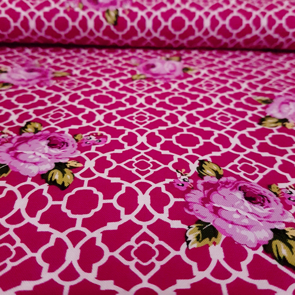 Dark Pink Lattice Roses Fenton House Cotton Fabric - Vera Fabrics