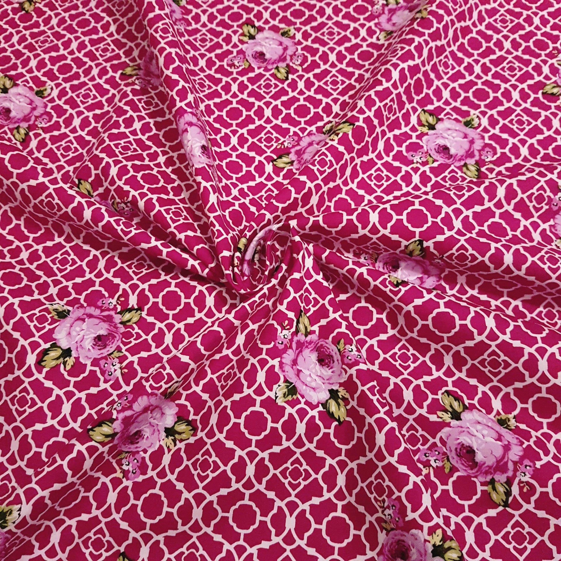 Dark Pink Lattice Roses Fenton House Cotton Fabric - Vera Fabrics