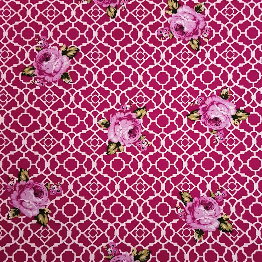 Dark Pink Lattice Roses Fenton House Cotton Fabric - Vera Fabrics