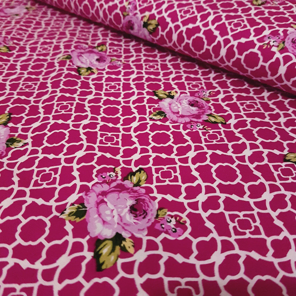 Dark Pink Lattice Roses Fenton House Cotton Fabric - Vera Fabrics