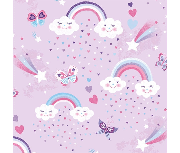 Rainbows & Clouds With Shooting Stars Butterflies Cotton Fabric - Vera Fabrics
