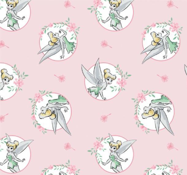 Licensed Disney Tinkerbell Pink Peter Pan in Circles Cotton Fabric - Vera Fabrics