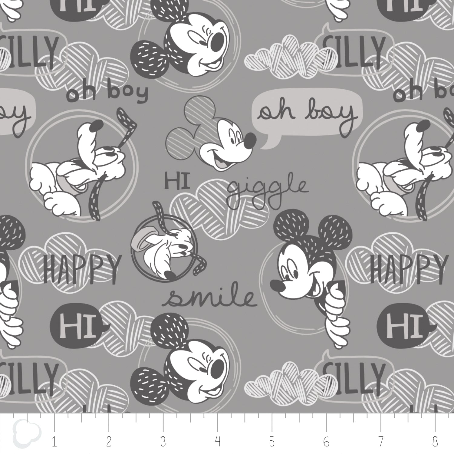 Licensed Disney Mickey Mouse Friends Smile & Giggle Grey Cotton Fabric - Vera Fabrics