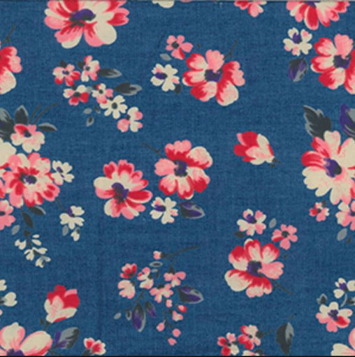 Floral Printed Lightweight 100% Cotton Denim Fabric - Dark - Vera Fabrics