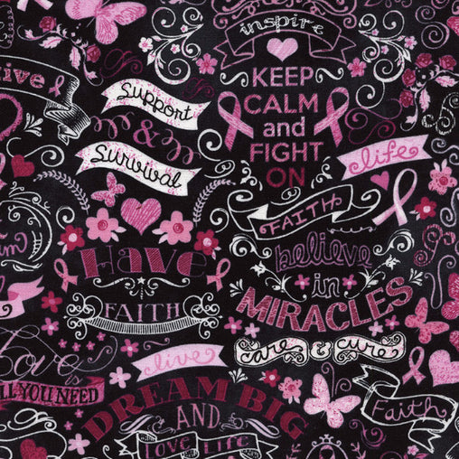 Pink Ribbon Chalkboard Keep Calm & Fight On Cotton Fabric - Vera Fabrics