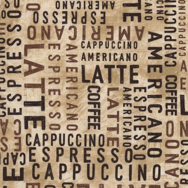 Tan Coffee Cafe Words Latte/Americano/Espresso Cotton Fabric - Vera Fabrics