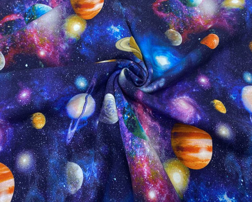 95% Cotton 5% Elastane Universe Planets Jersey 57" Fabric