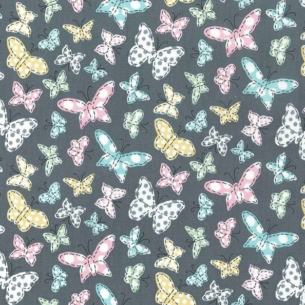 Grey Butterfly Folly Stitches Cotton Fabric - Vera Fabrics