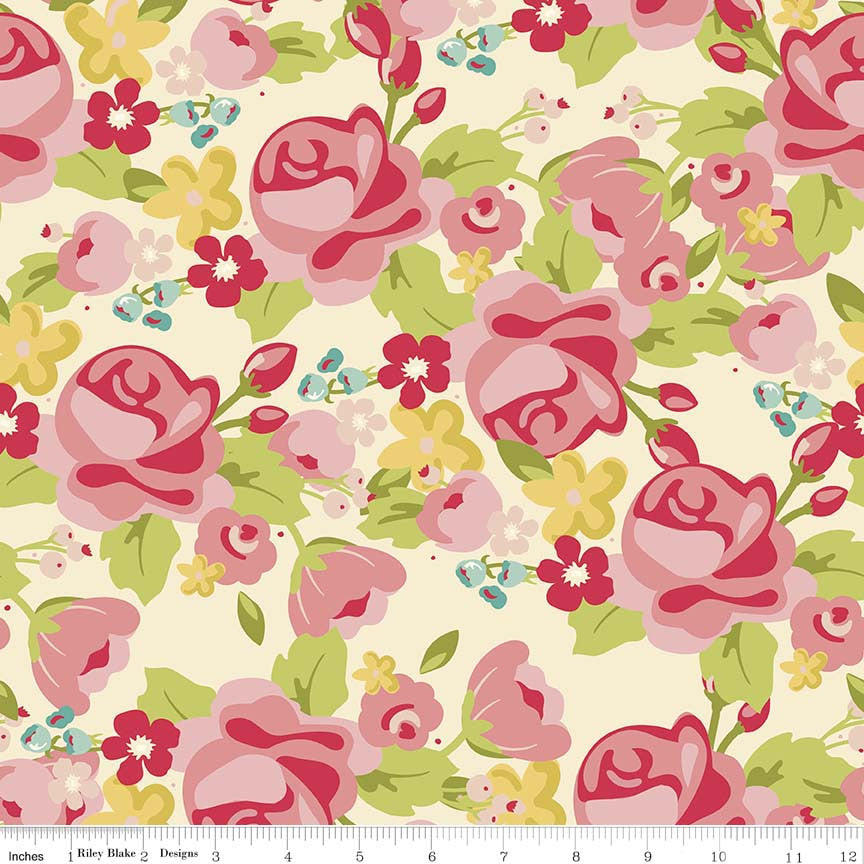 Roses on Cream Hello Gorgeous Cotton Fabric - Vera Fabrics