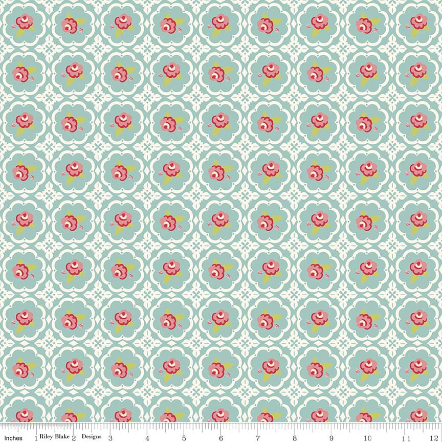 Rose in Circles Mint Hello Gorgeous Cotton Fabric - Vera Fabrics