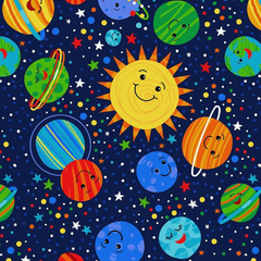 Happy Planets Solar System Worlds Novelty Novelty Cotton Fabric - Vera Fabrics