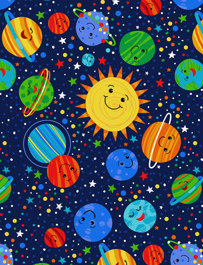Happy Planets Solar System Worlds Novelty Novelty Cotton Fabric - Vera Fabrics