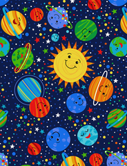 Happy Planets Solar System Worlds Novelty Novelty Cotton Fabric - Vera Fabrics