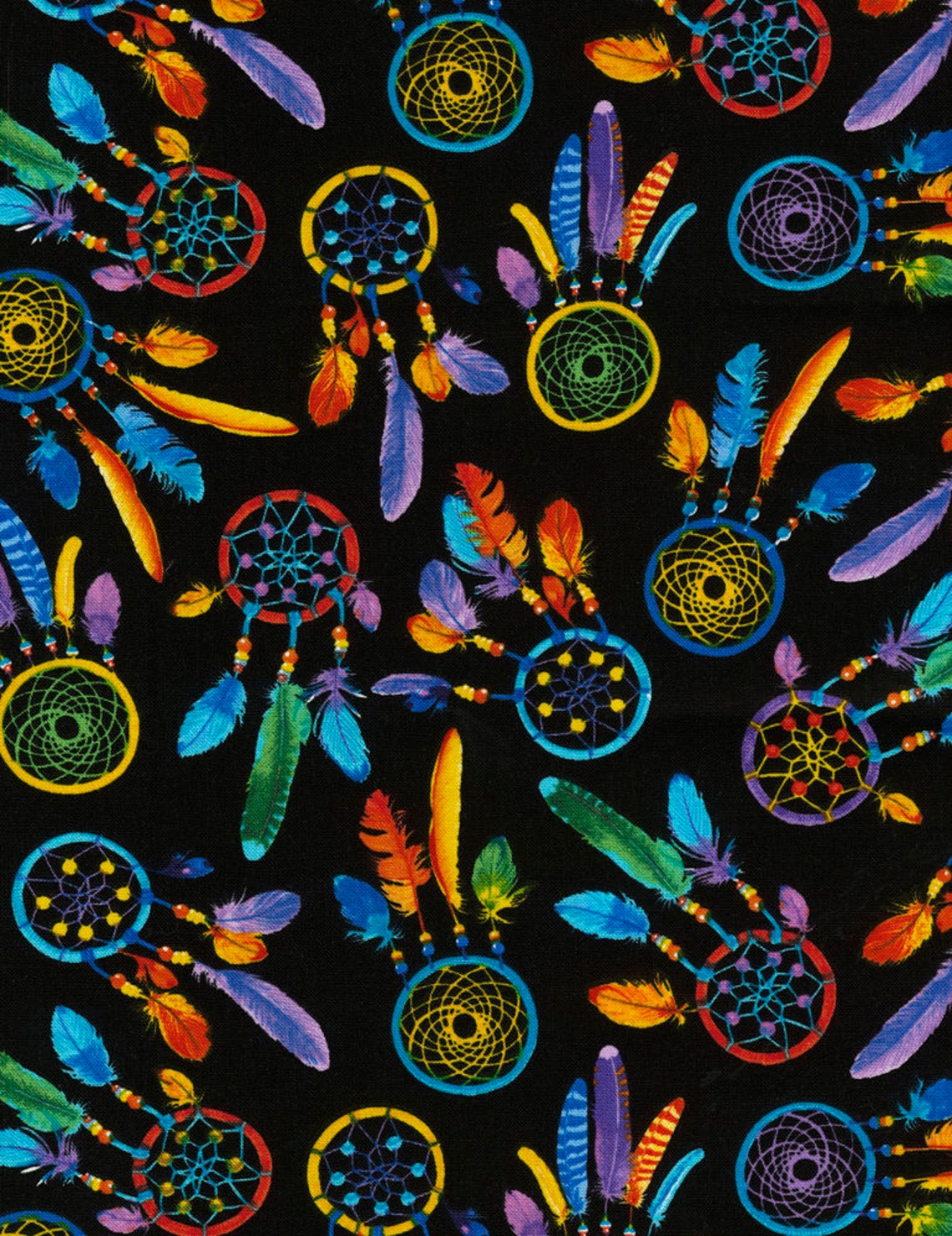 Dreamcatchers Multi Colours on Black Novelty Gypsy Quilting Craft Cotton Fabric Fat Quarter Decor Sewing Timeless Treasures