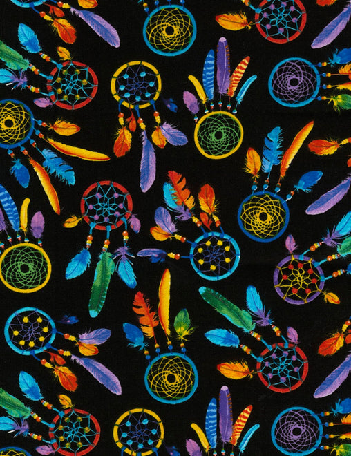 Dreamcatchers Multi Colours on Black Novelty Gypsy Quilting Craft Cotton Fabric Fat Quarter Decor Sewing Timeless Treasures