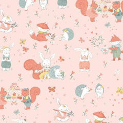 Woodland Tea Time Pink Foxes Bunnies Party Cute Baby Hedgehogs Print 100% Cotton Fabric by Studio E