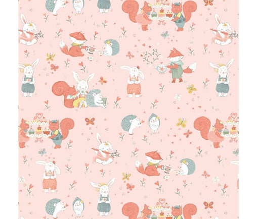 Woodland Tea Time Pink Foxes Bunnies Party Cute Baby Hedgehogs Print 100% Cotton Fabric by Studio E