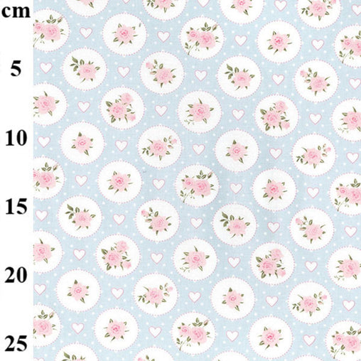 Pretty Blue & Pink Flowers and Hearts Design Circle Roses Love Valentines 100% Cotton Poplin Fabric 130gsm Sewing Quilting Craft Home Decor