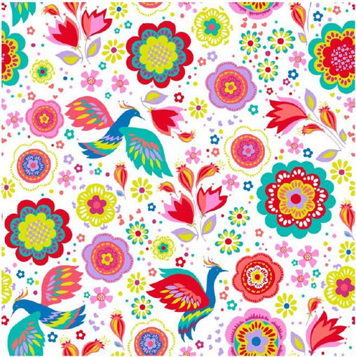 Colourful Retro Flowers Birds Novelty Excellent Quality 100% Cotton Fabric Craft Sewing Clothes Home Decor Extra Wide Per Large Fat Quarter