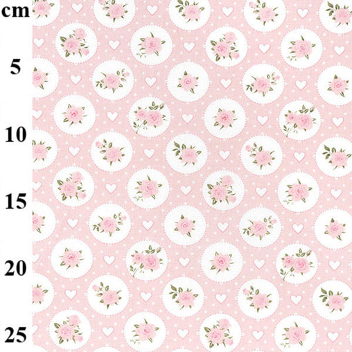 Pretty Pink Flowers and Hearts Design Circle Roses Love Valentines 100% Cotton Poplin Fabric 130gsm Sewing Quilting Craft Home Decor