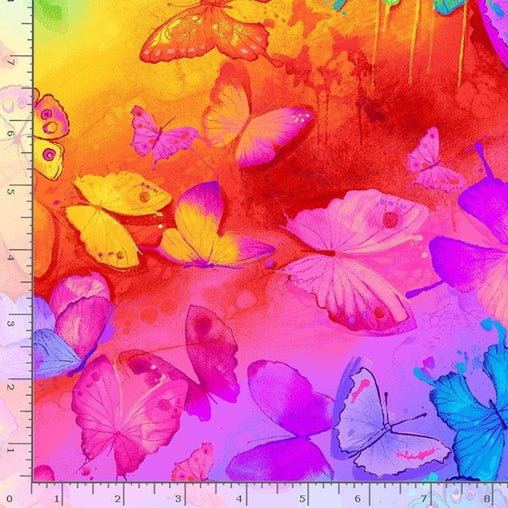 Colourful Painted Rainbow Butterflies Spirit Novelty Kids Black Quilting Craft Cotton Fabric Fat Quarter Decor Sewing Timeless Treasures